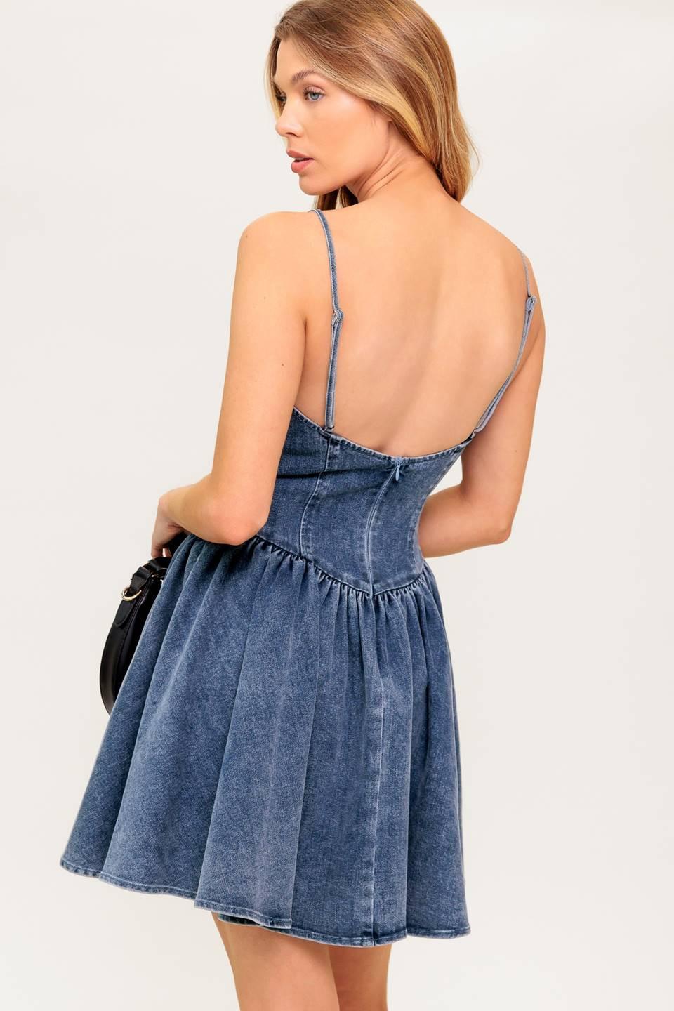 Washed Denim Cami Mini Dress with Basque Waist and Low Back - Image 4