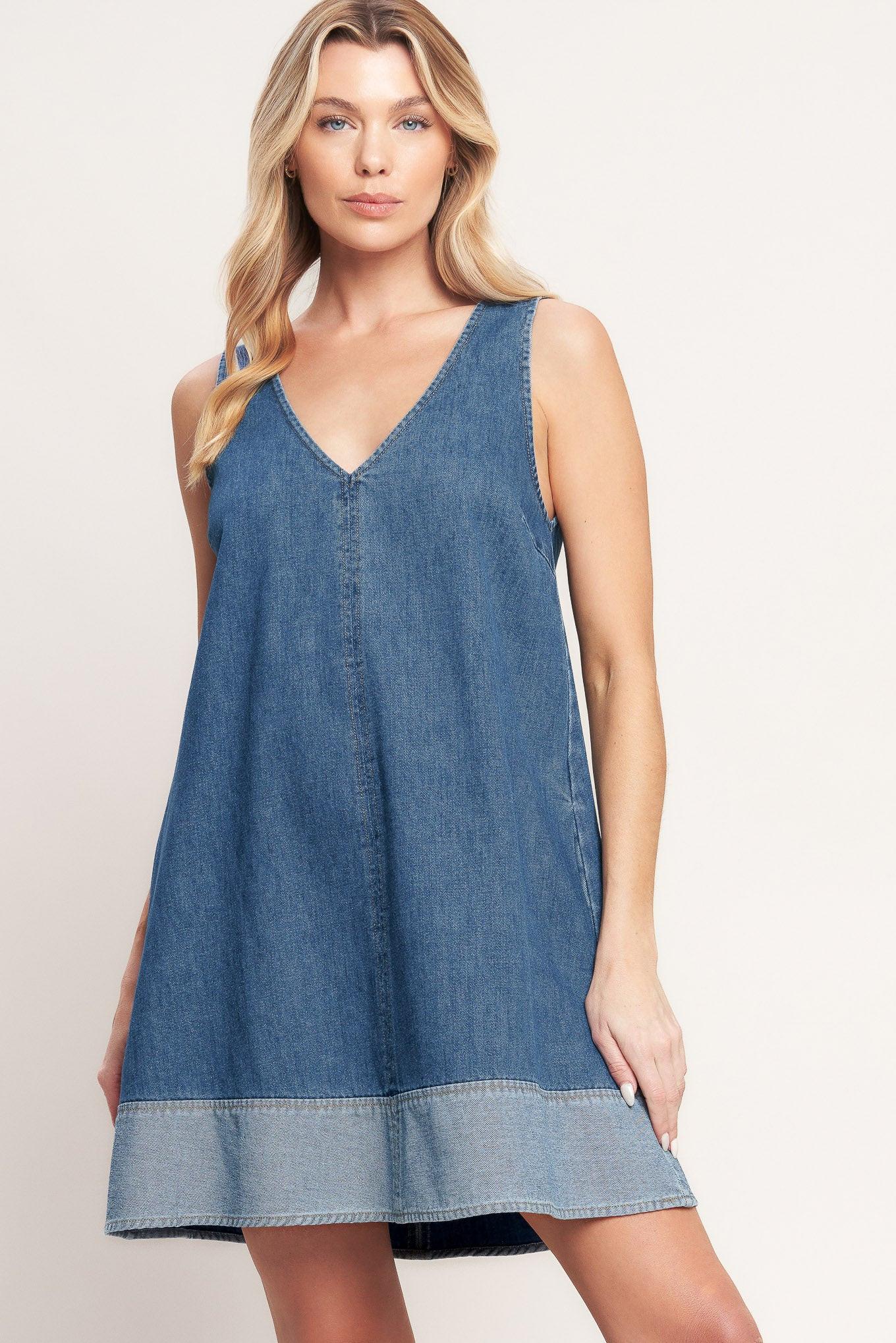 Denim Mini Dress with Contrast Hem V-Neck Sleeveless Style - Image 3