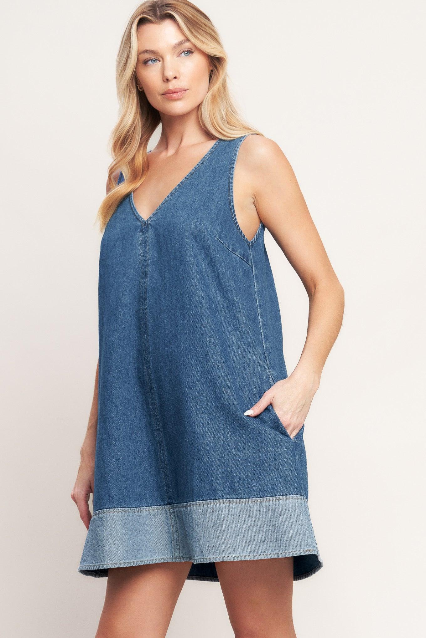 Denim Mini Dress with Contrast Hem V-Neck Sleeveless Style - Image 5