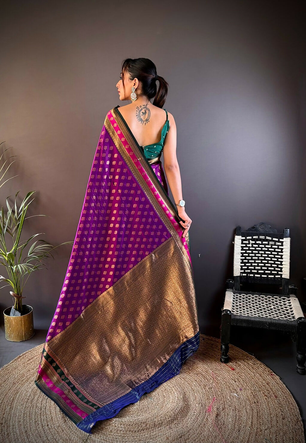 Green Banarasi Silk Saree with Butti Work and Unstitched Blouse