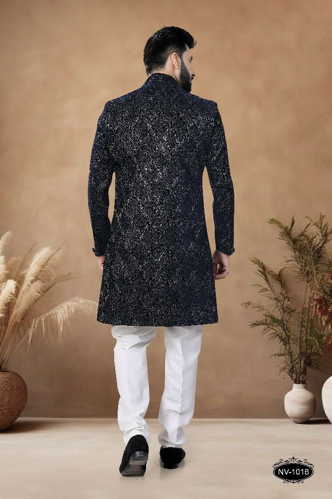 Men's Blue Velvet Indo-Western Kurta Set with Sequence Embroidery
