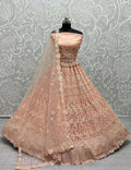 Peach heavy net wedding lehenga with dori, multi-thread, and rainbow sequins