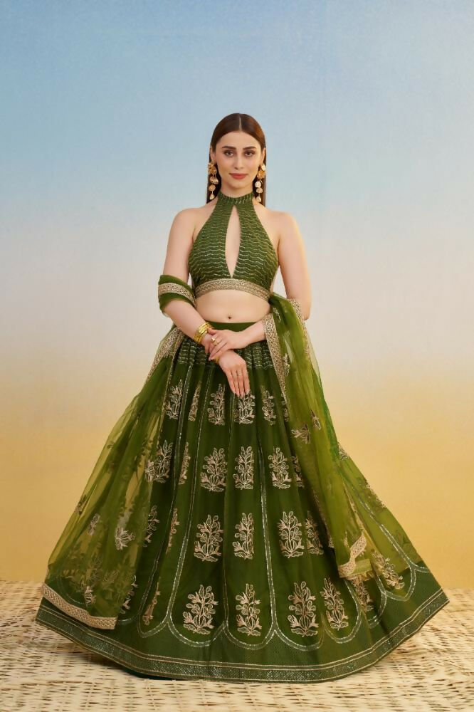 Mehandi Green Butterfly Net Lehenga Choli With Sequence Embroidery