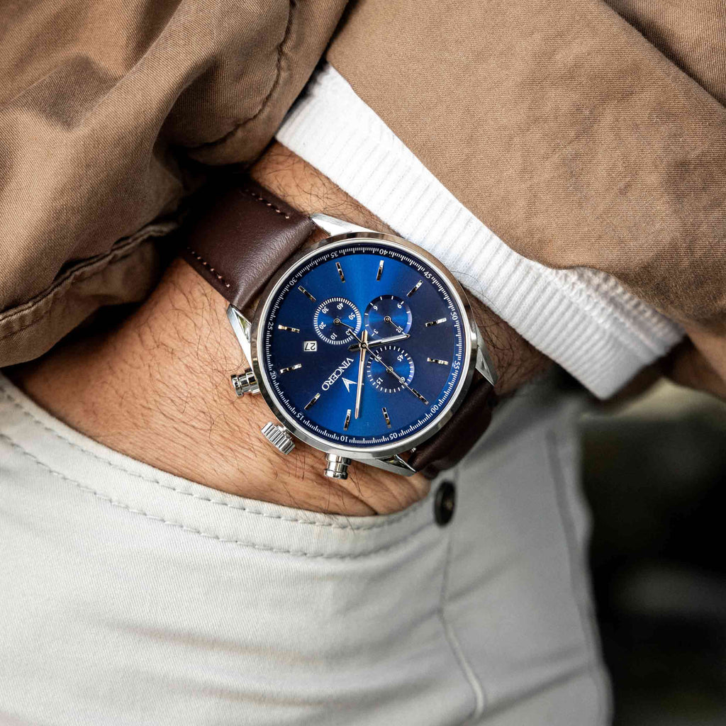 The Chrono S2 Watch in Blue and Brown - Versatile Stainless Steel