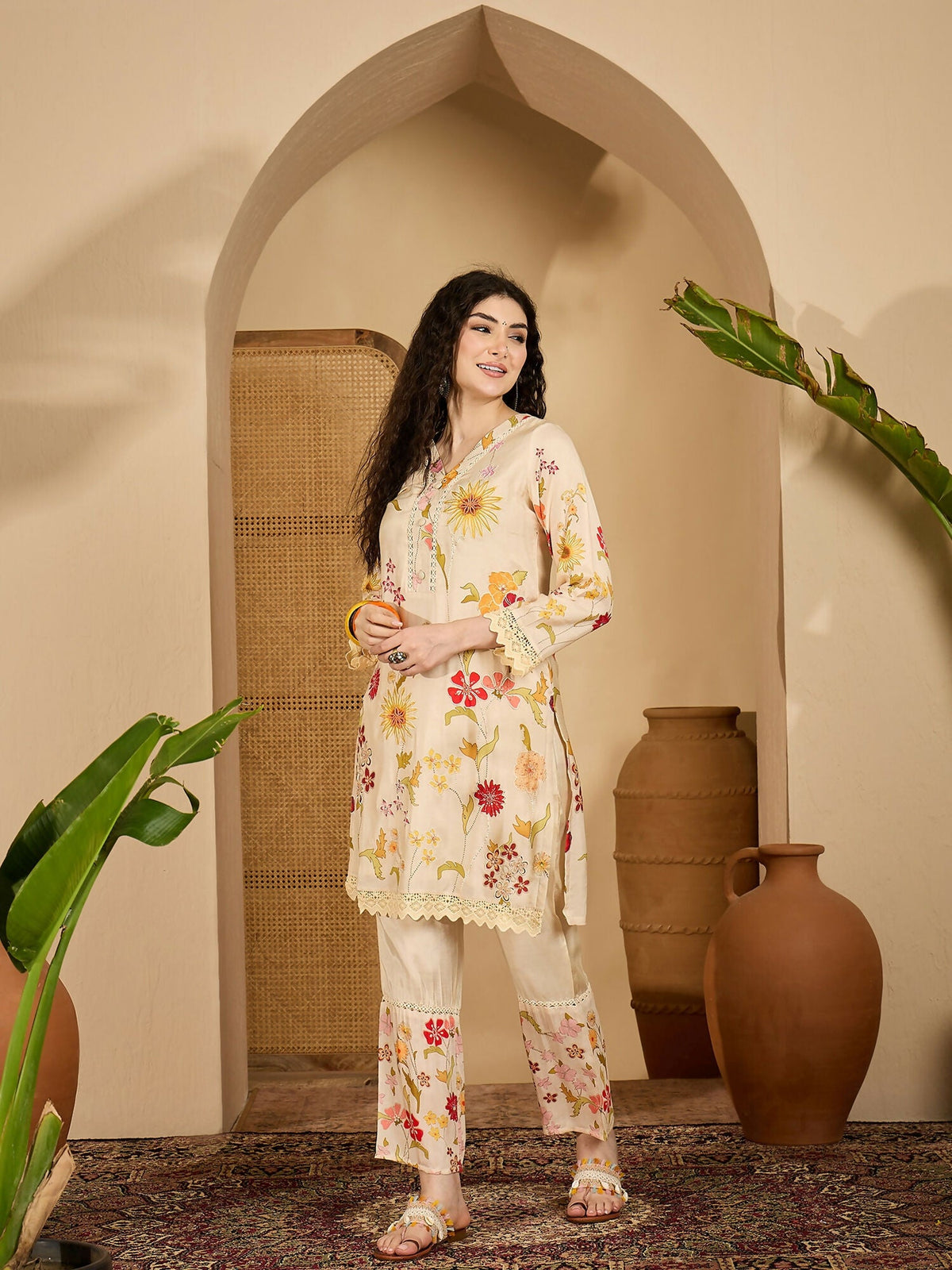 A stylish cream-colored pure cotton co-ord set with subtle prints