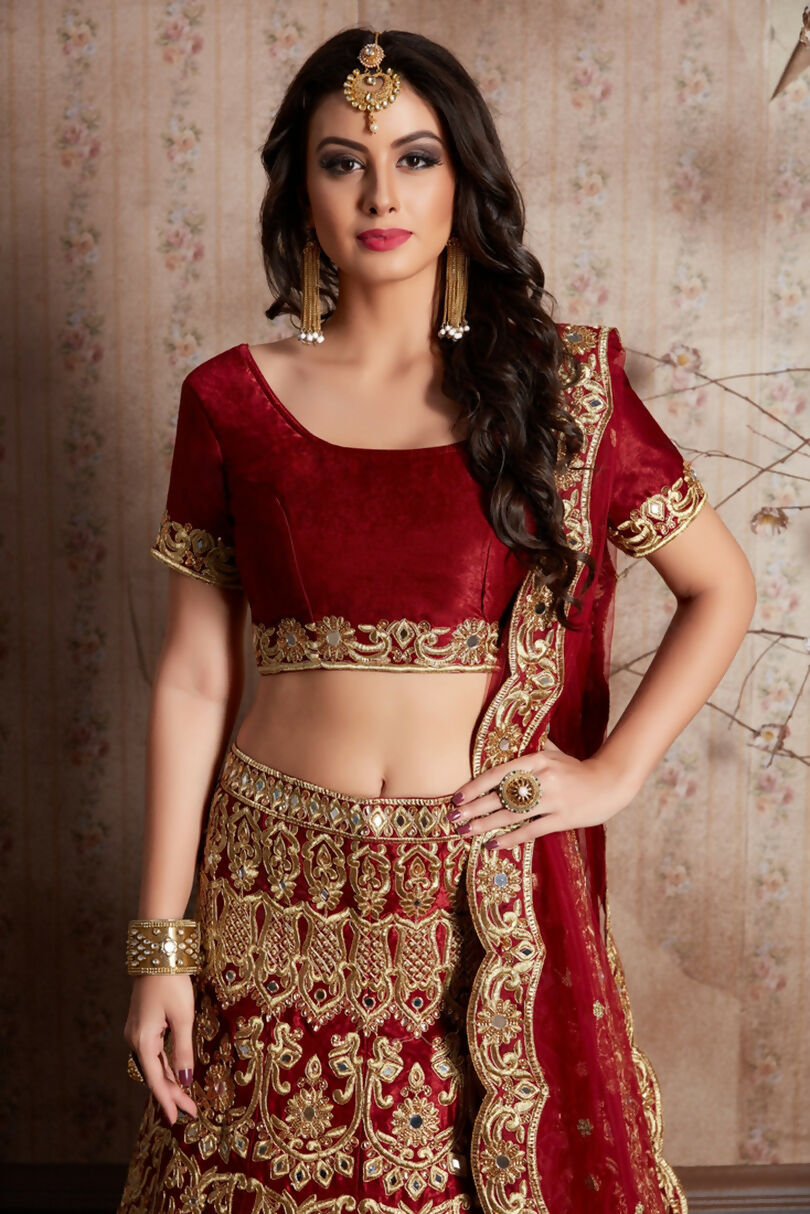 Red Sequins Embroidered Velvet Lehenga Choli with Mirror Work