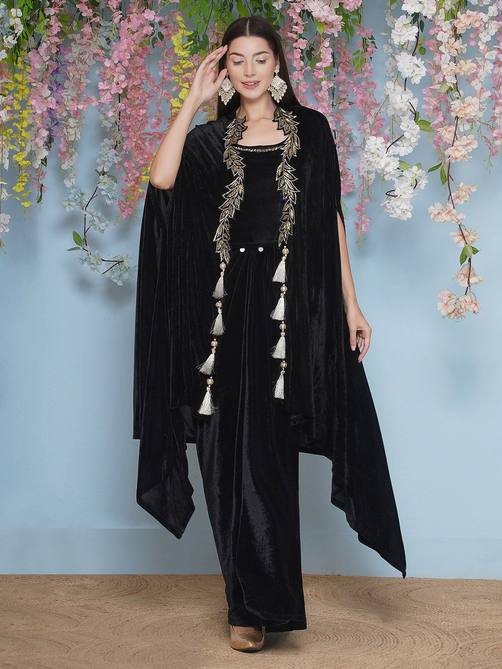 Black Hand Embellished Velvet Cape with Inner and Skirt Set