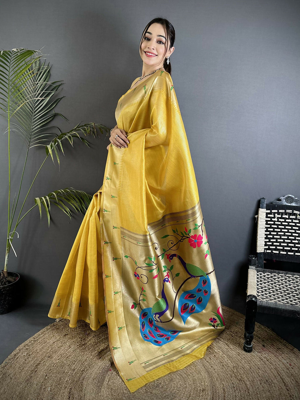 Joban Fashion Yellow Peacock & Floral Motifs Tissue Paithani Saree