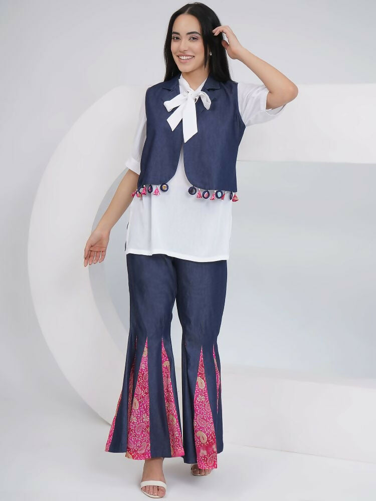 White Rayon Crepe Hand-Embellished Mirror Work Sharara Set