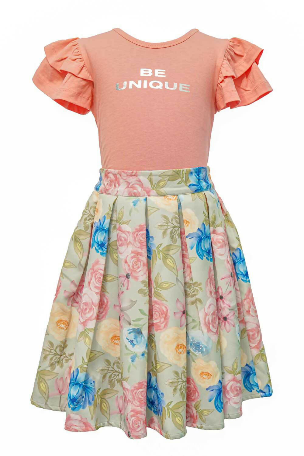 Girls Pink Printed Tee & Flared Skirt Set - Cotton Co-ord Outfit