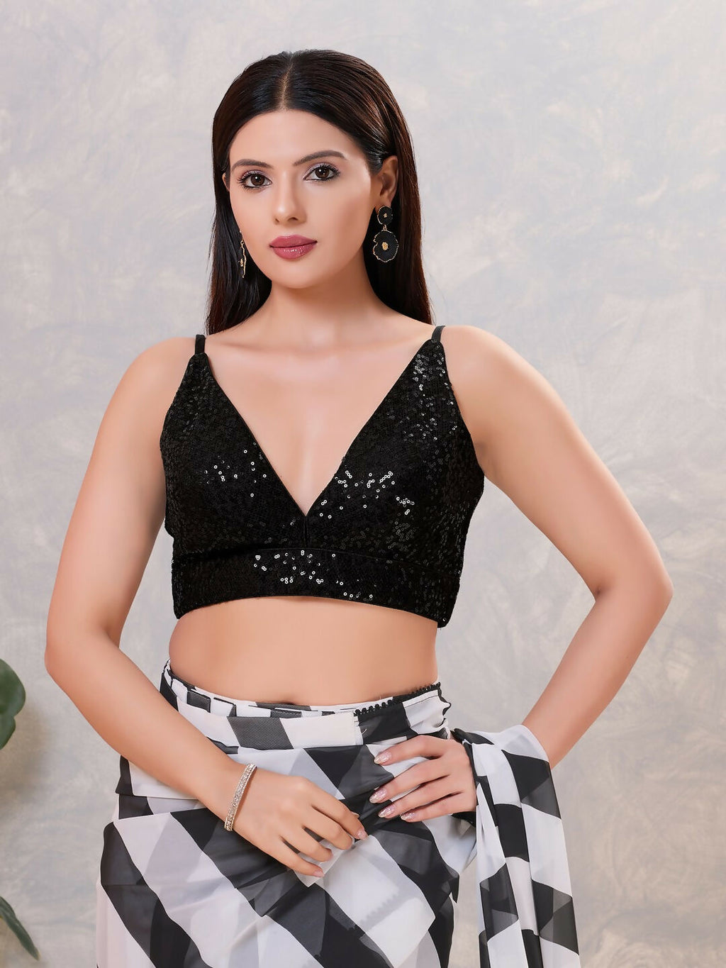 Women's Black Sequin V-Neck Stitched Blouse with high-shine finish