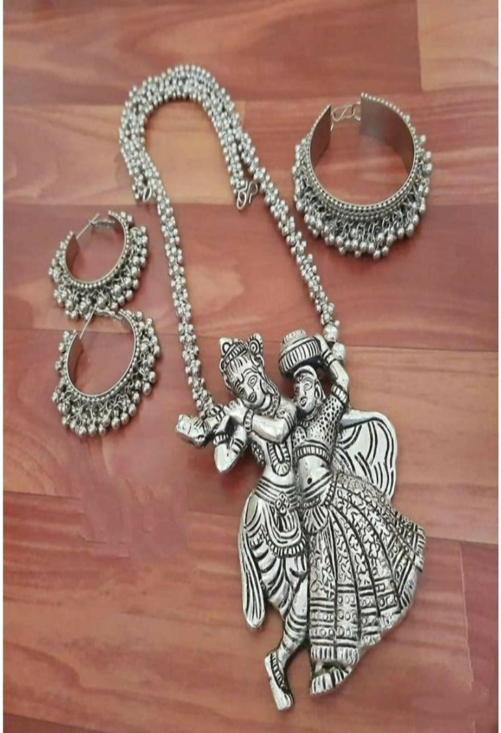 Radha Kishan silver-plated oxidised long necklace set for women