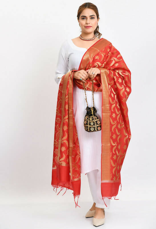 Red Banarsi Silk Dupatta with Intricate Floral Woven Design