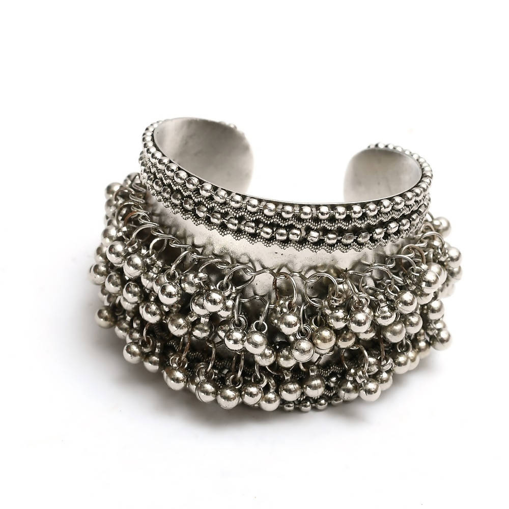 Handcrafted oxidised silver-plated cuff bracelet with ghungroo details