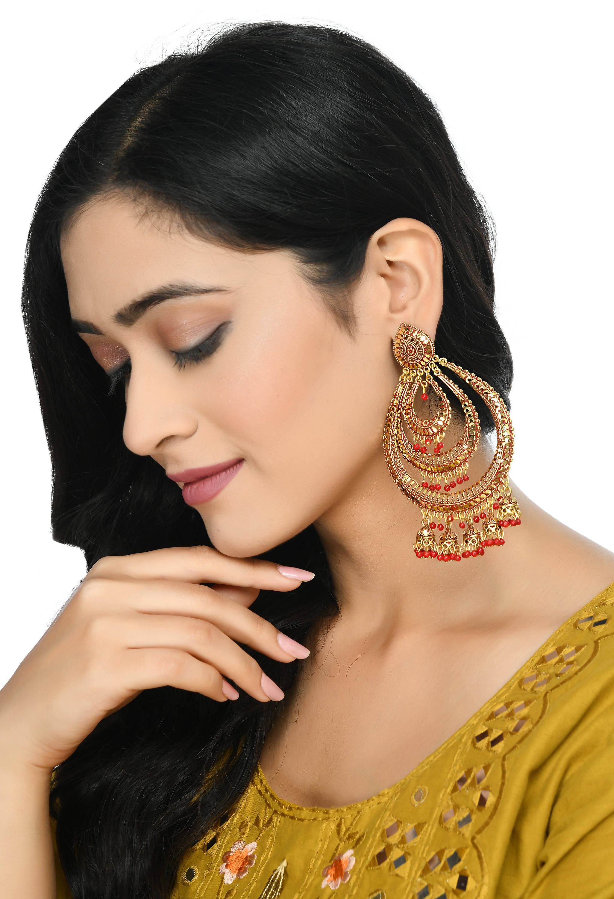 Triple Circle White With Red Statement Dangle Earrings