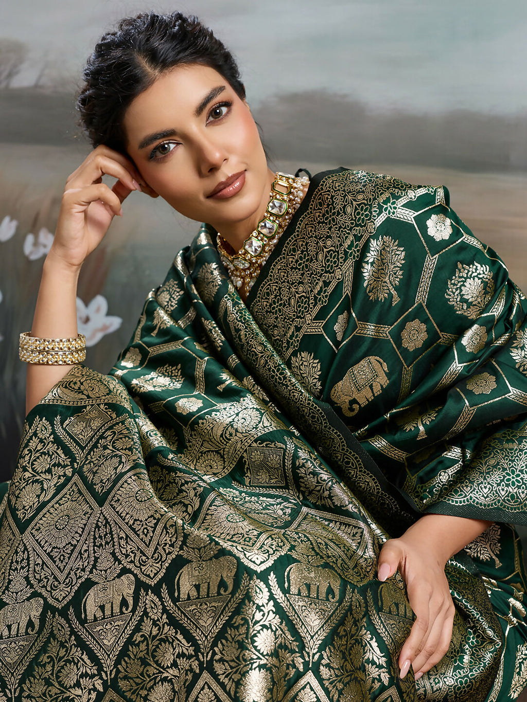 Bottle Green Silk Blend Saree with Matching Blouse Piece