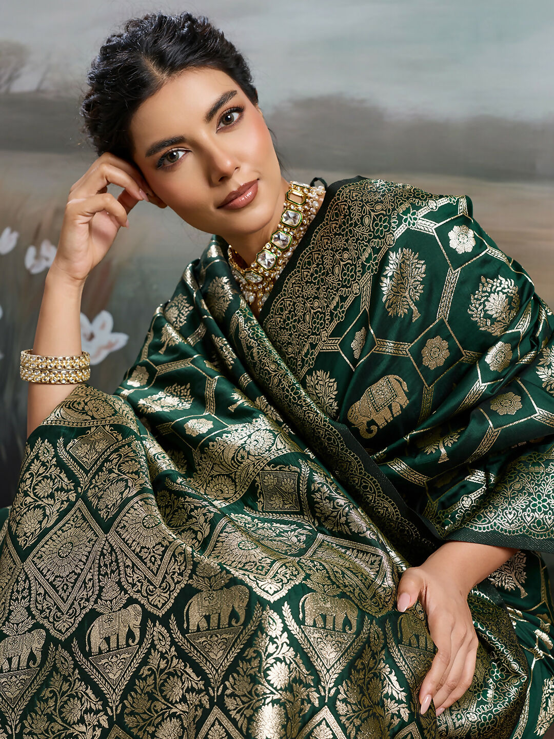 Bottle Green Silk Blend Saree with Matching Blouse Piece