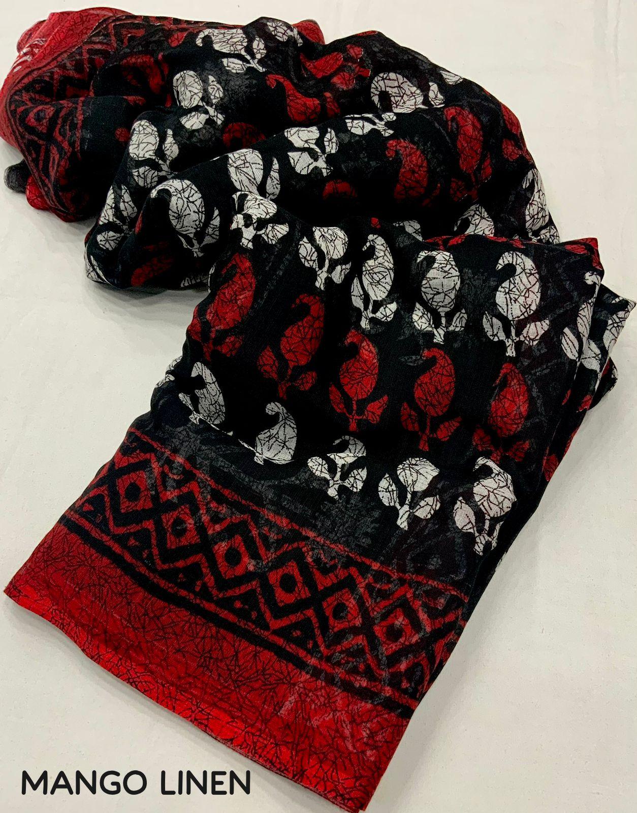 Red Linen Blend Saree with Printed Ethnic Motifs