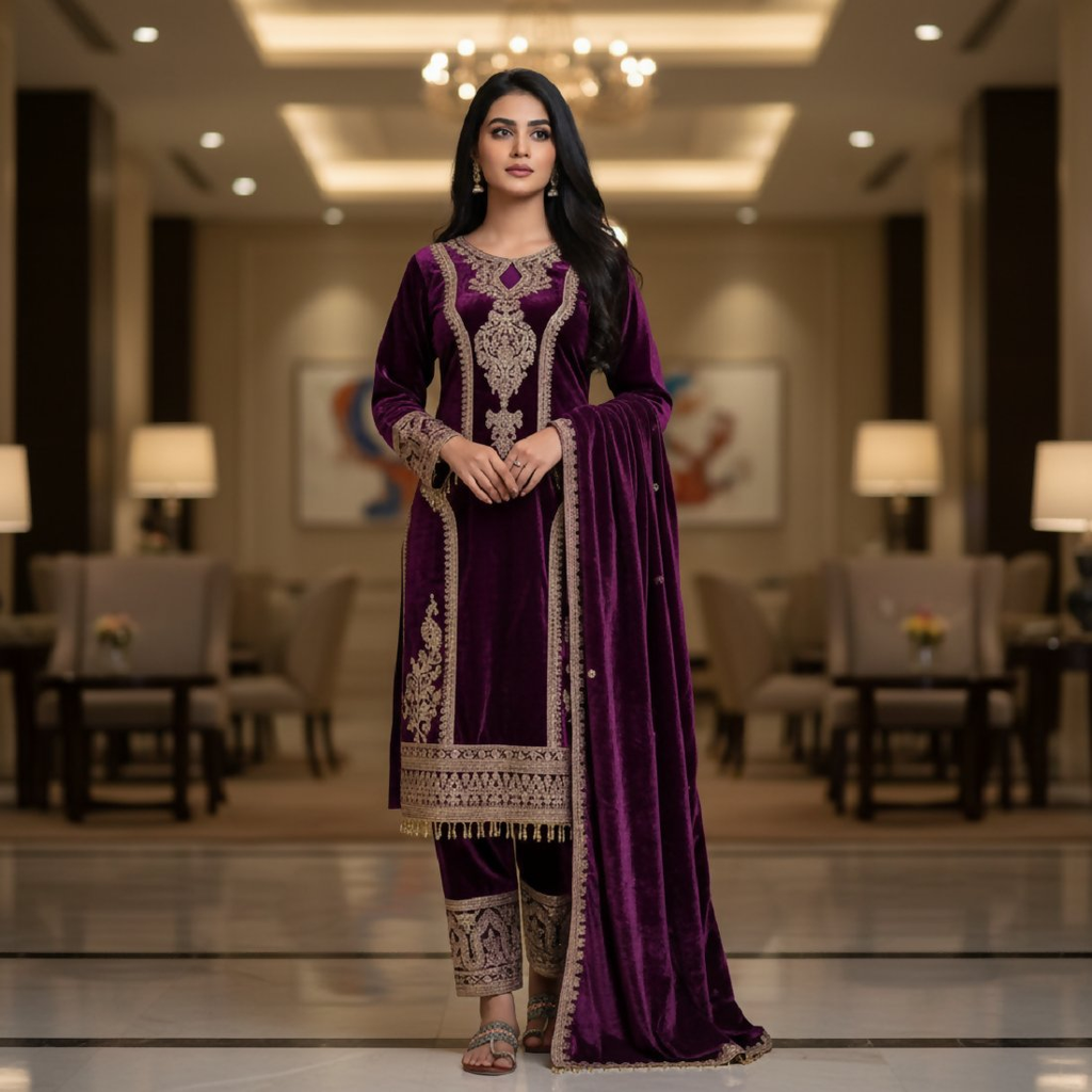 Beautiful purple velvet kurta set with shimmering sequence embroidery