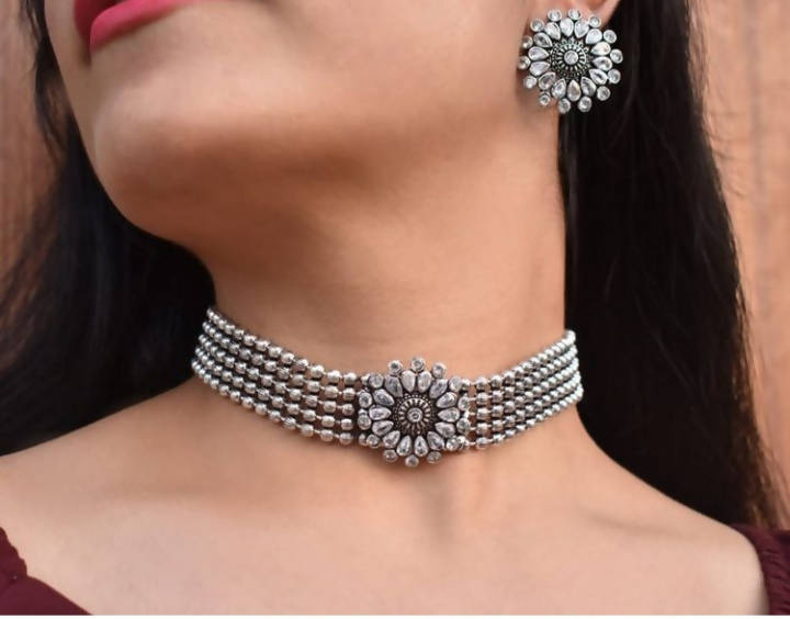 Silver-Tone Kundan Mangalsutra Necklace Set for Party & Ethnic Wear