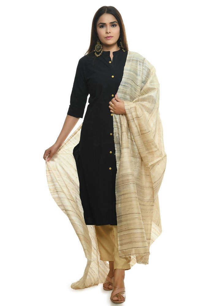 A luxurious golden Ghichcha silk dupatta with elegant striped details displayed for ethnic wear.