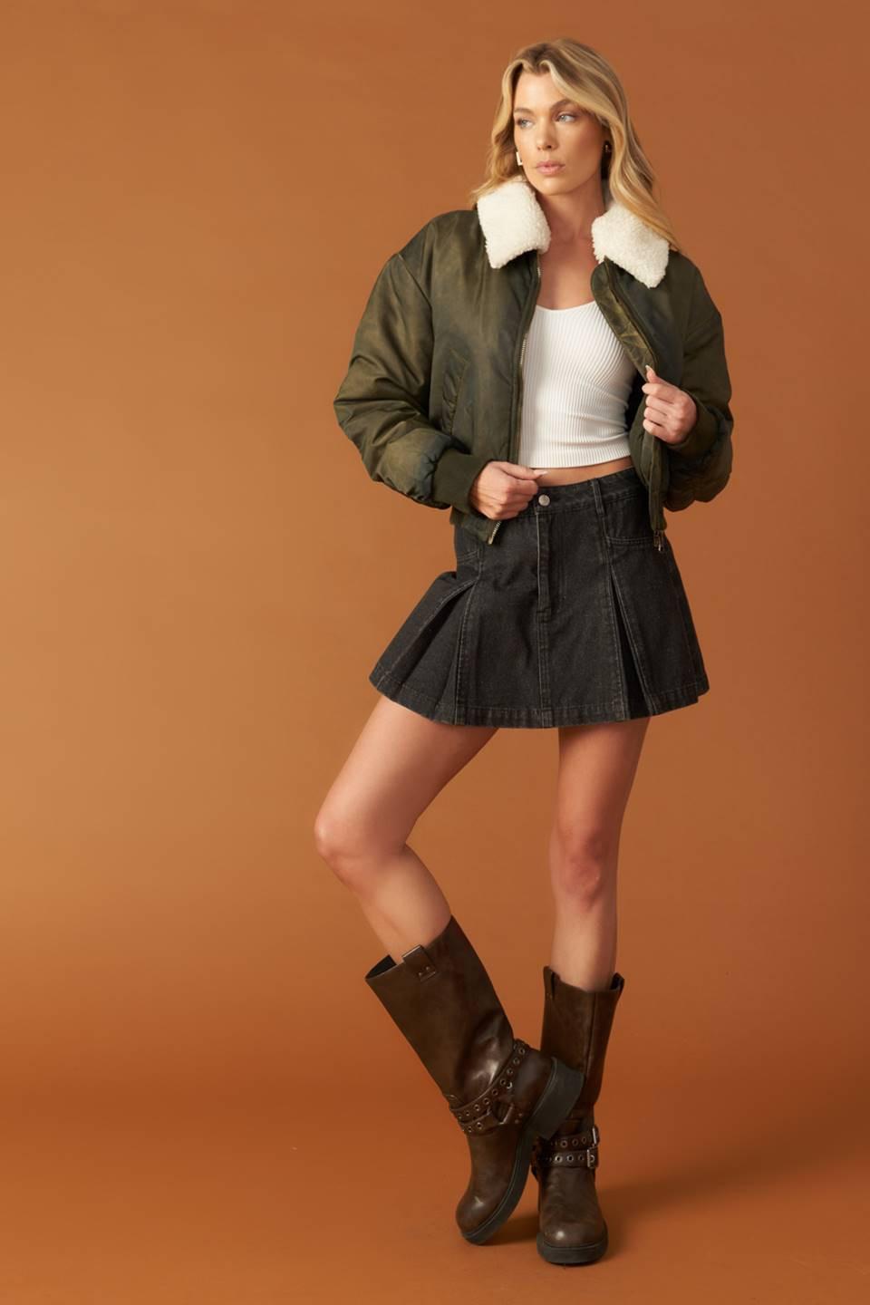 Olive Green Woven Bomber Jacket with Faux Shearling Collar - Image 5