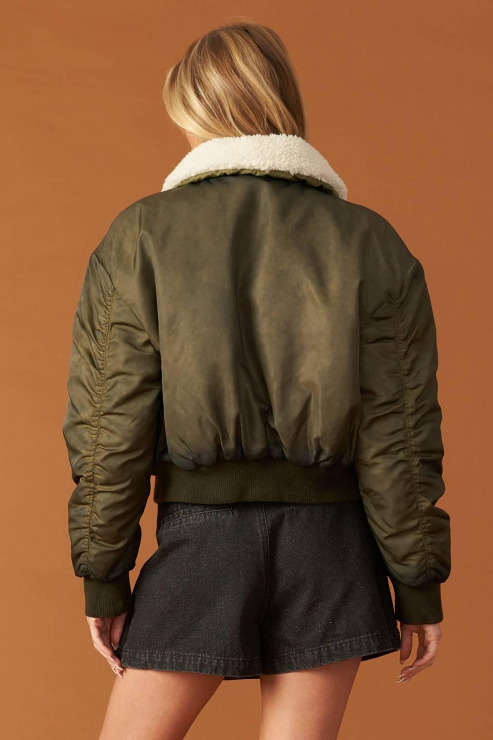 Olive Green Woven Bomber Jacket with Faux Shearling Collar - Image 2