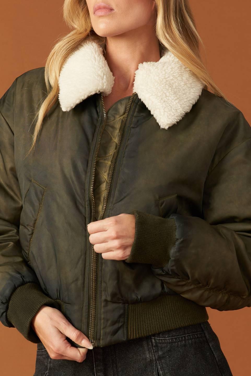 Olive Green Woven Bomber Jacket with Faux Shearling Collar - Image 8