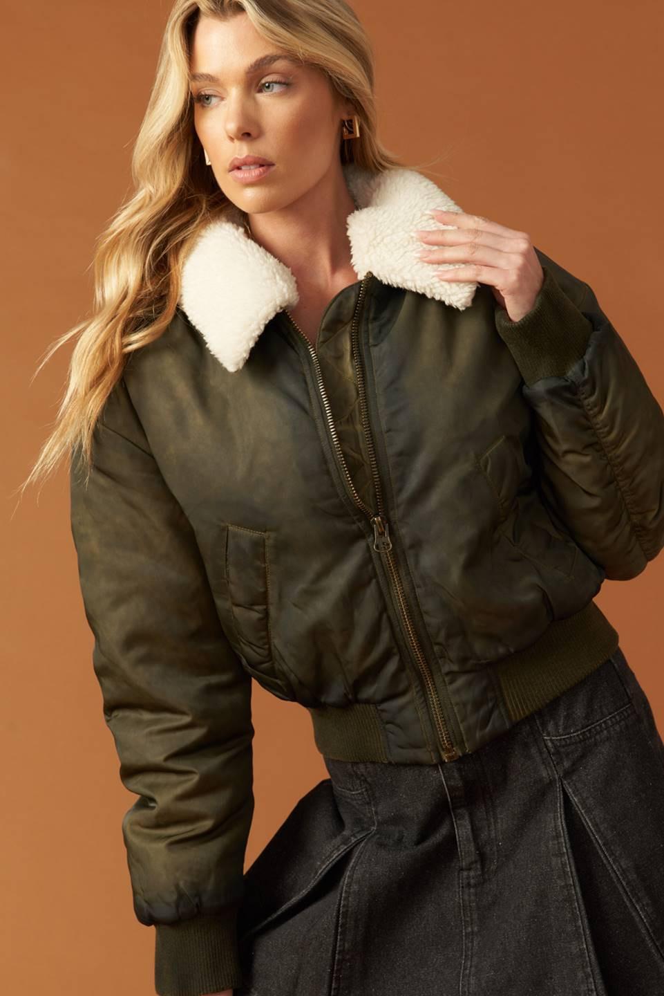 Olive Green Woven Bomber Jacket with Faux Shearling Collar - Image 3