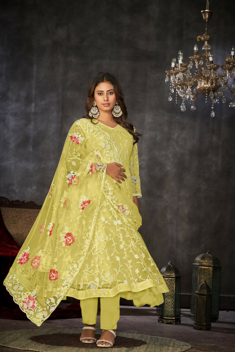 Yellow net embroidered anarkali kurta pant set for women
