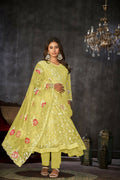 Yellow net embroidered anarkali kurta pant set for women