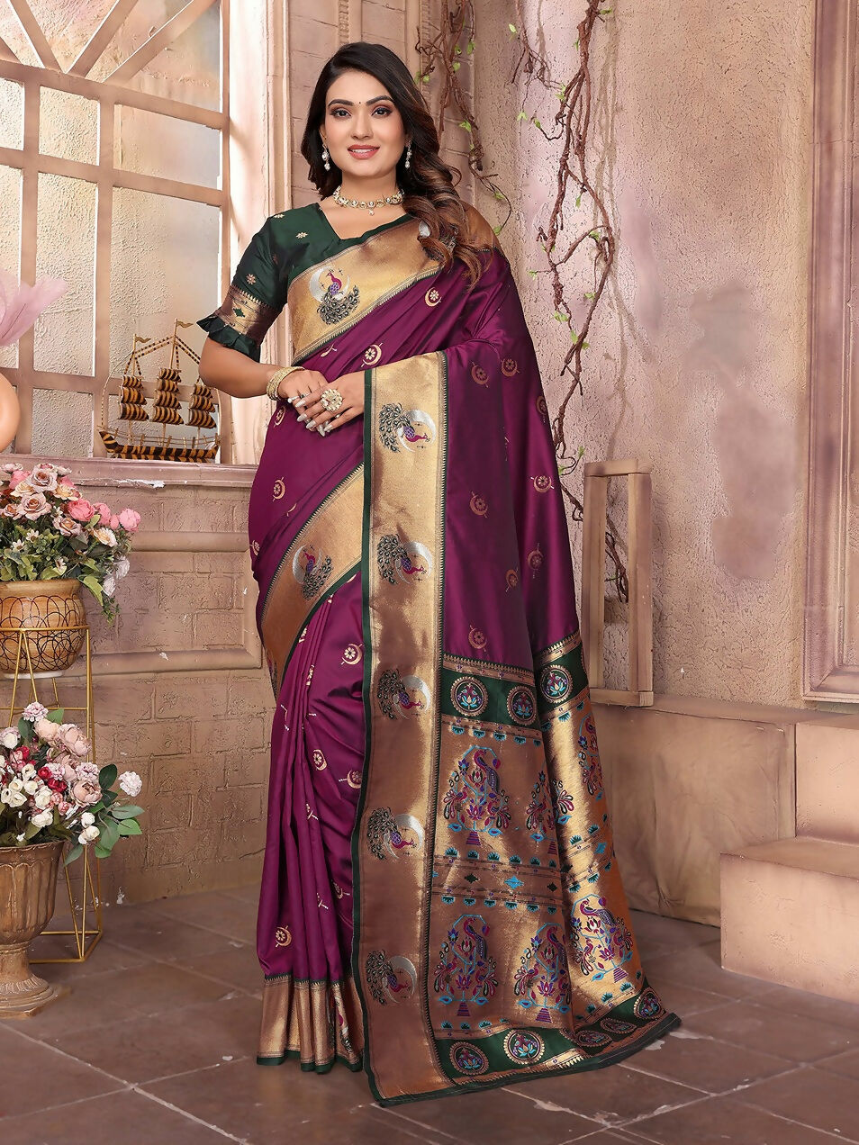 Elegant maroon Paithani woven soft silk saree with traditional patterns