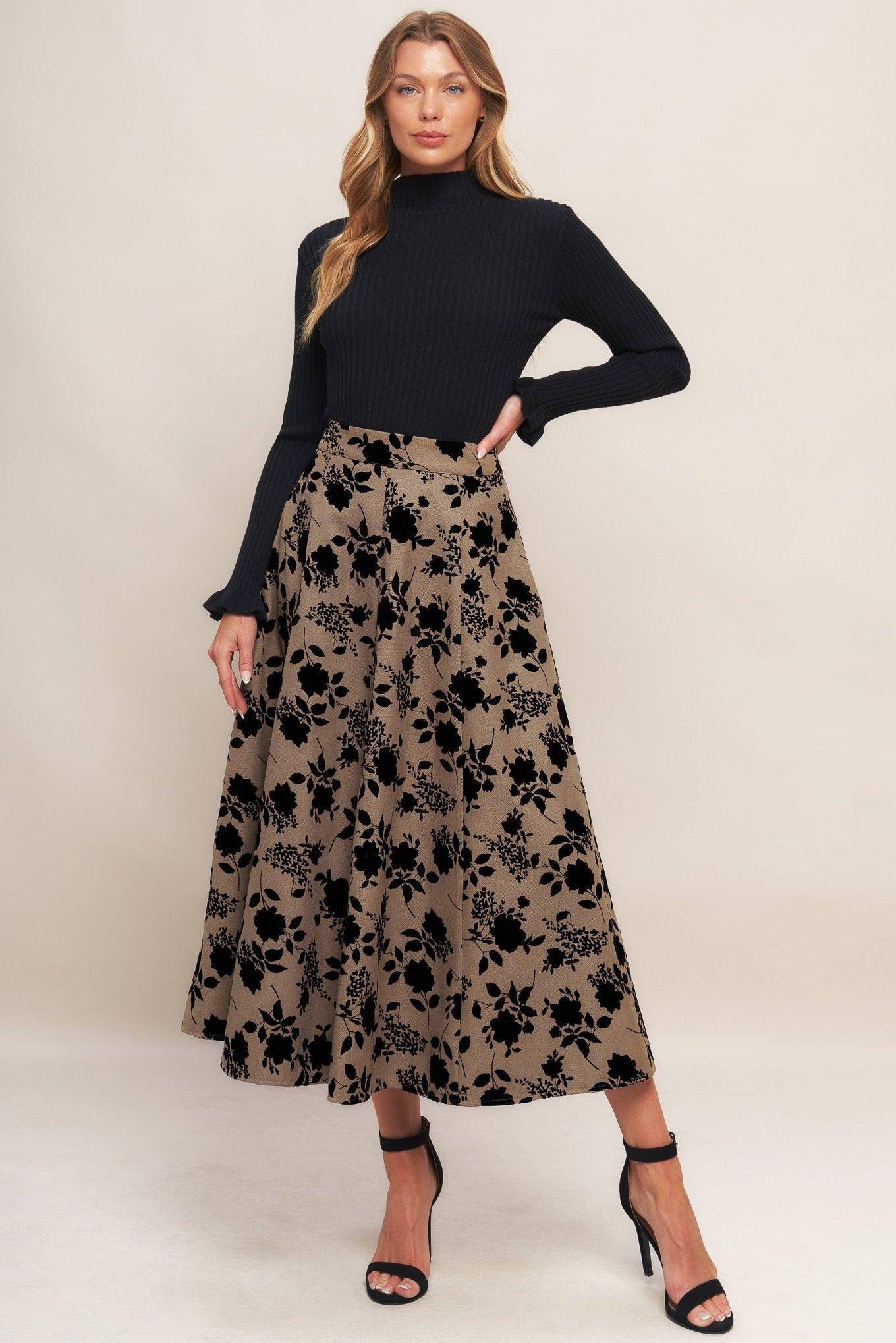 Floral Flocking Circle Midi Skirt in Taupe and Black - Image 4