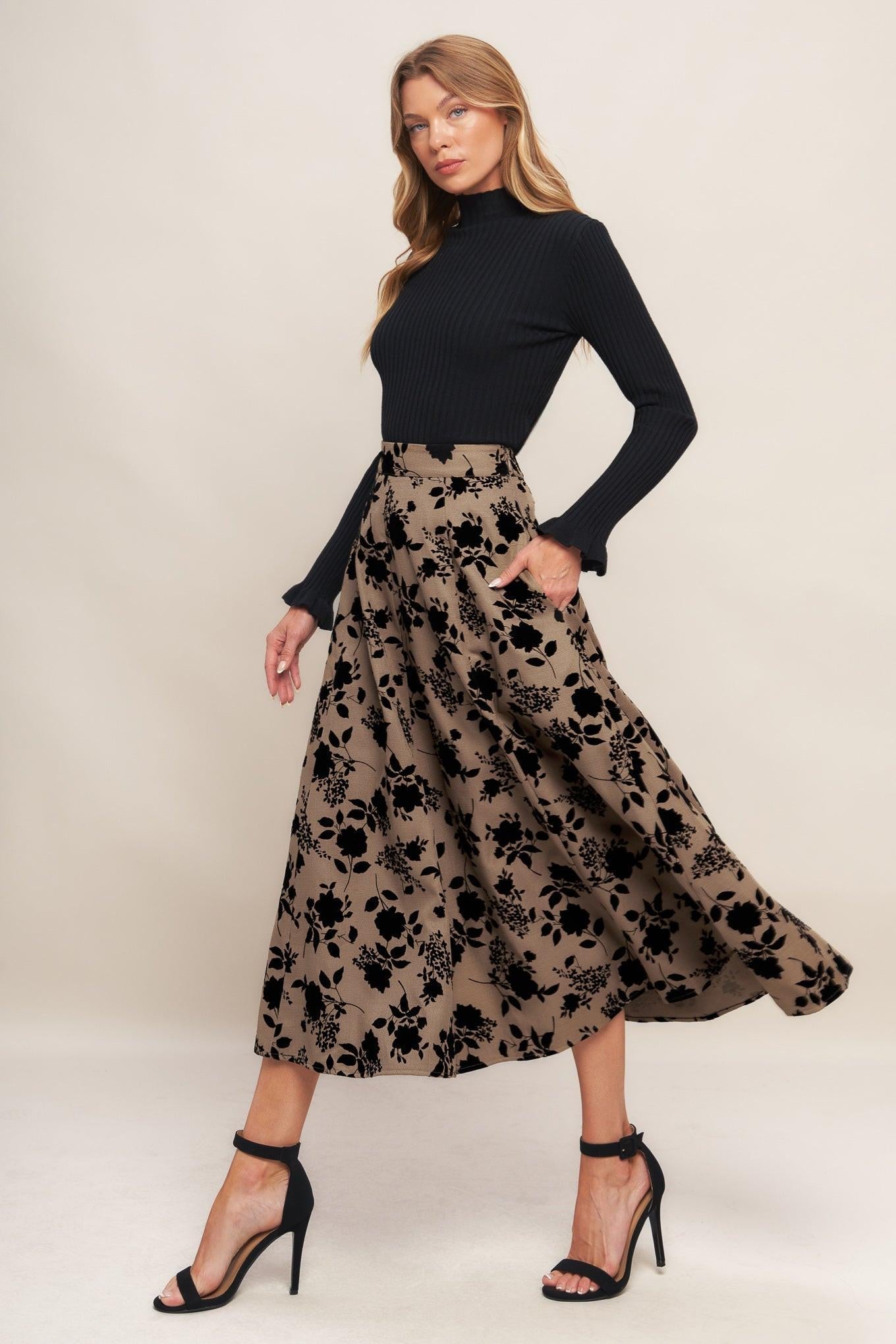 Floral Flocking Circle Midi Skirt in Taupe and Black - Image 5