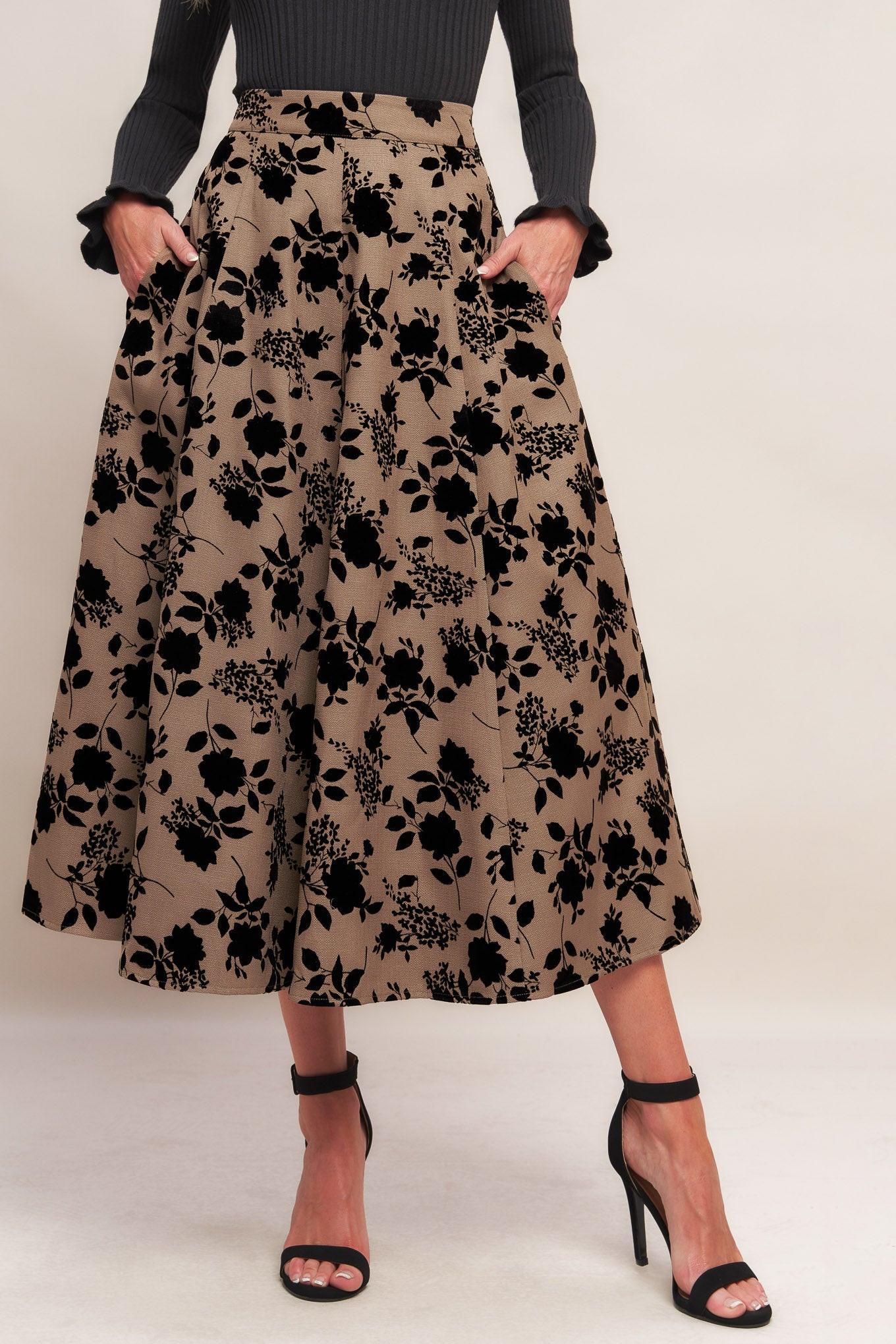 Floral Flocking Circle Midi Skirt in Taupe and Black - Image 3