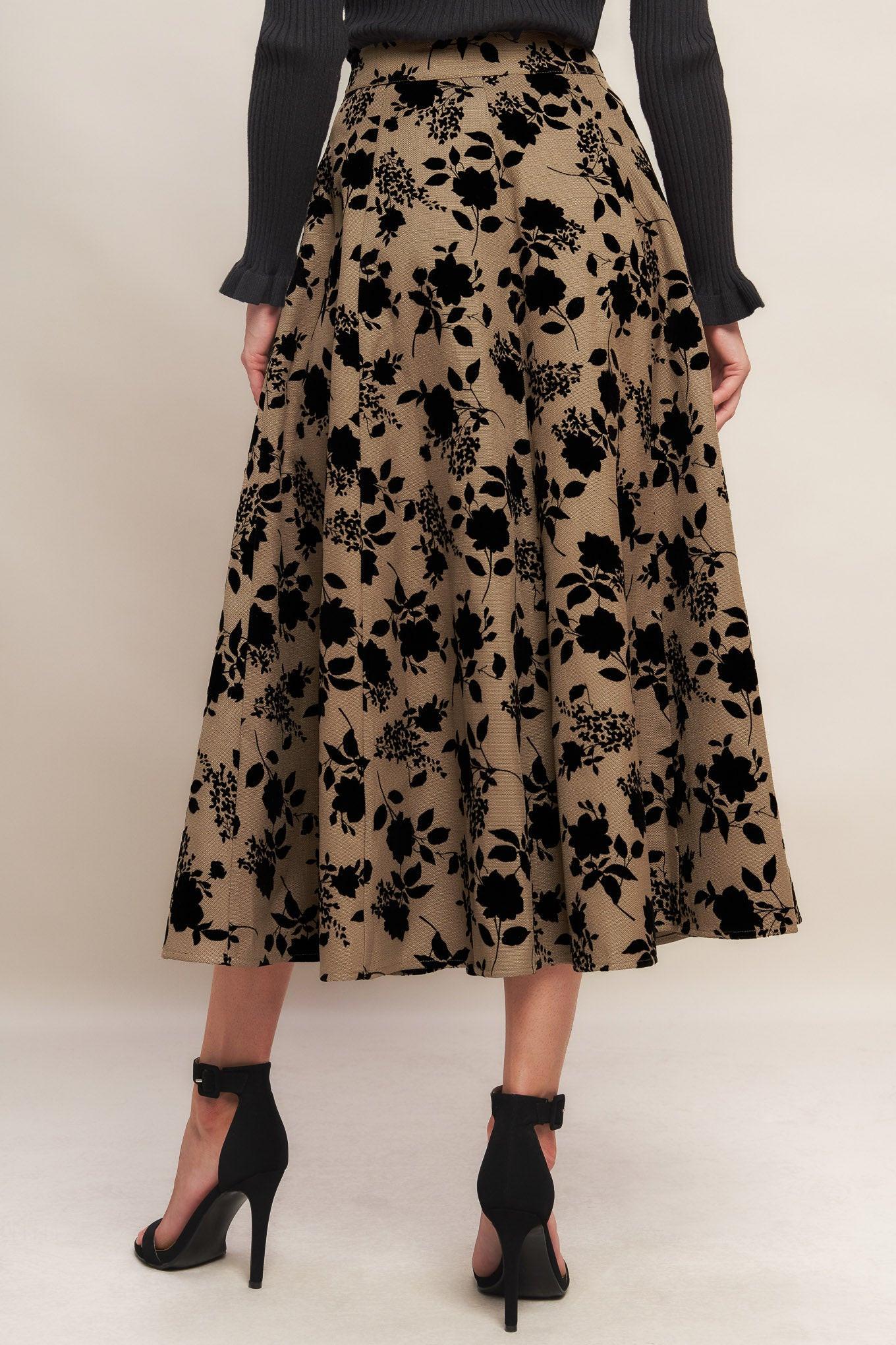 Floral Flocking Circle Midi Skirt in Taupe and Black - Image 2