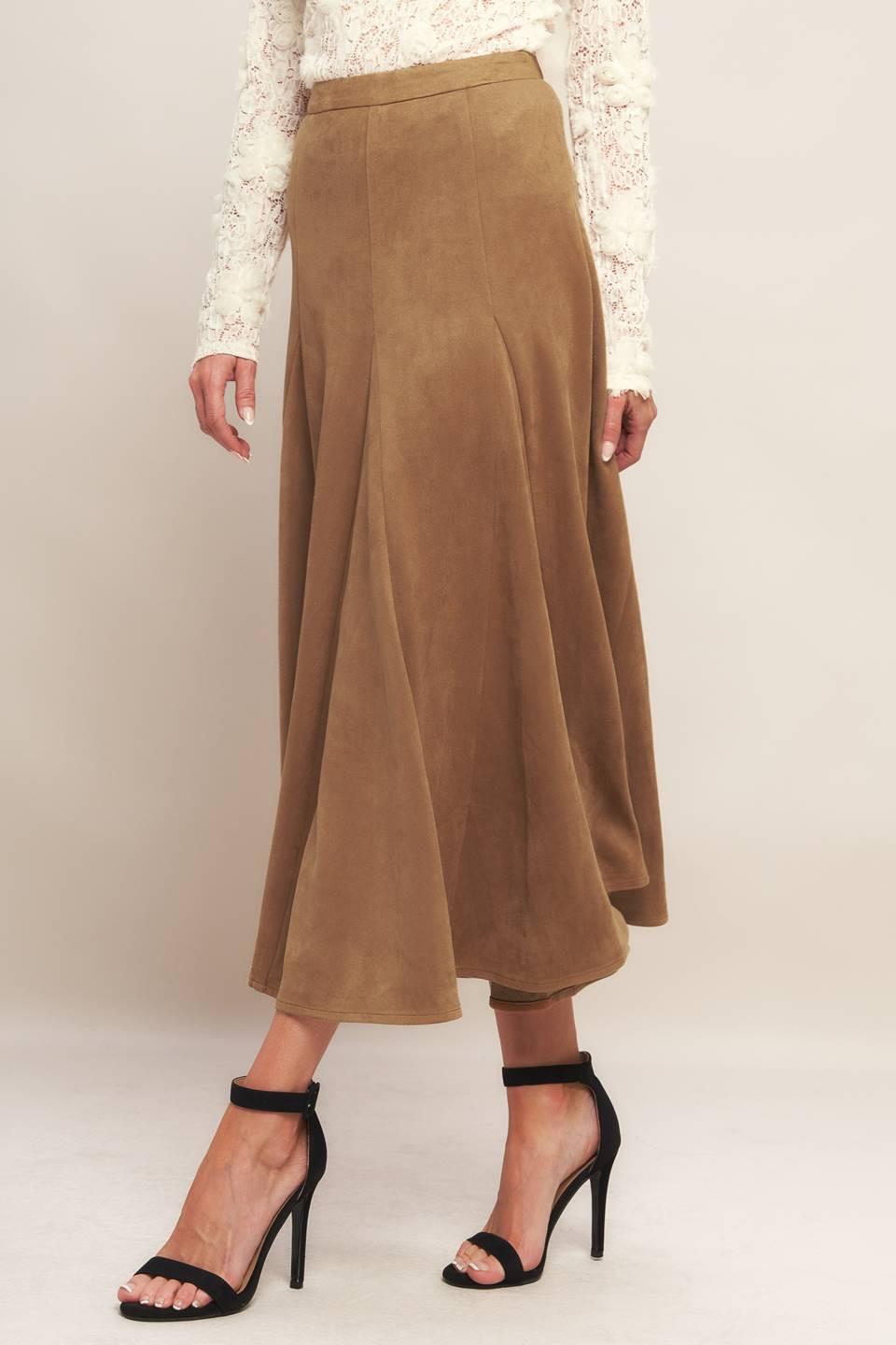Tan Faux Suede A-Line Midi Skirt with Back Zipper