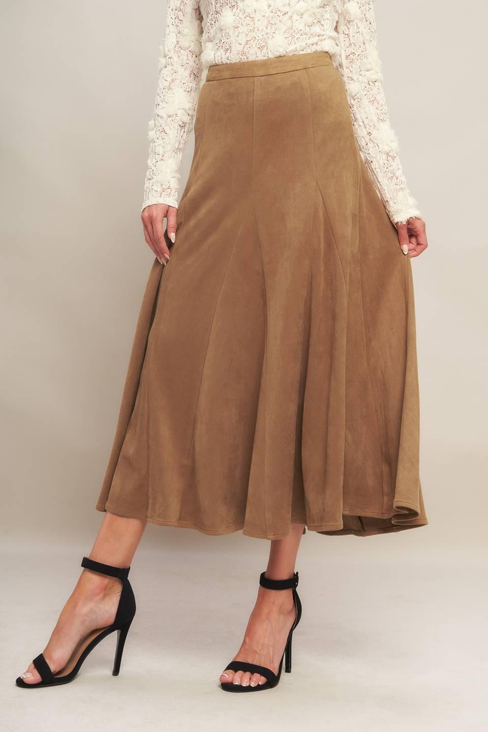 Tan Faux Suede A-Line Midi Skirt with Back Zipper