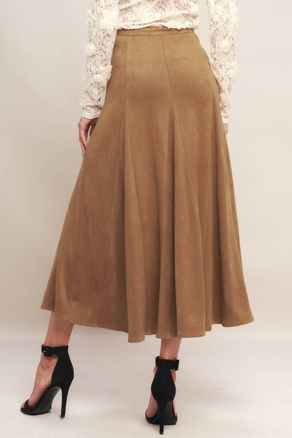 Tan Faux Suede A-Line Midi Skirt with Back Zipper