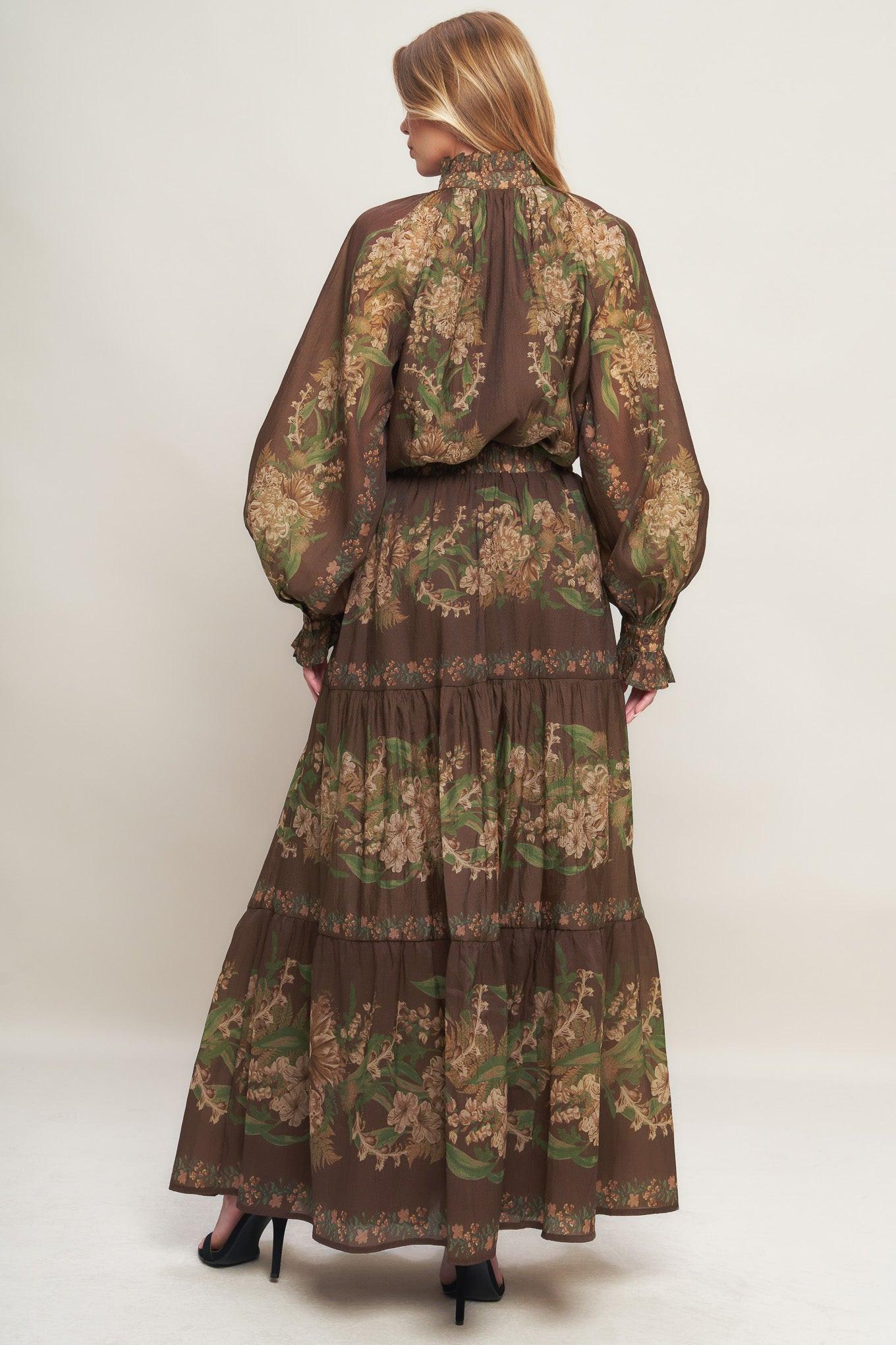 Floral Print Tiered Woven Maxi Skirt in Brown - Image 4