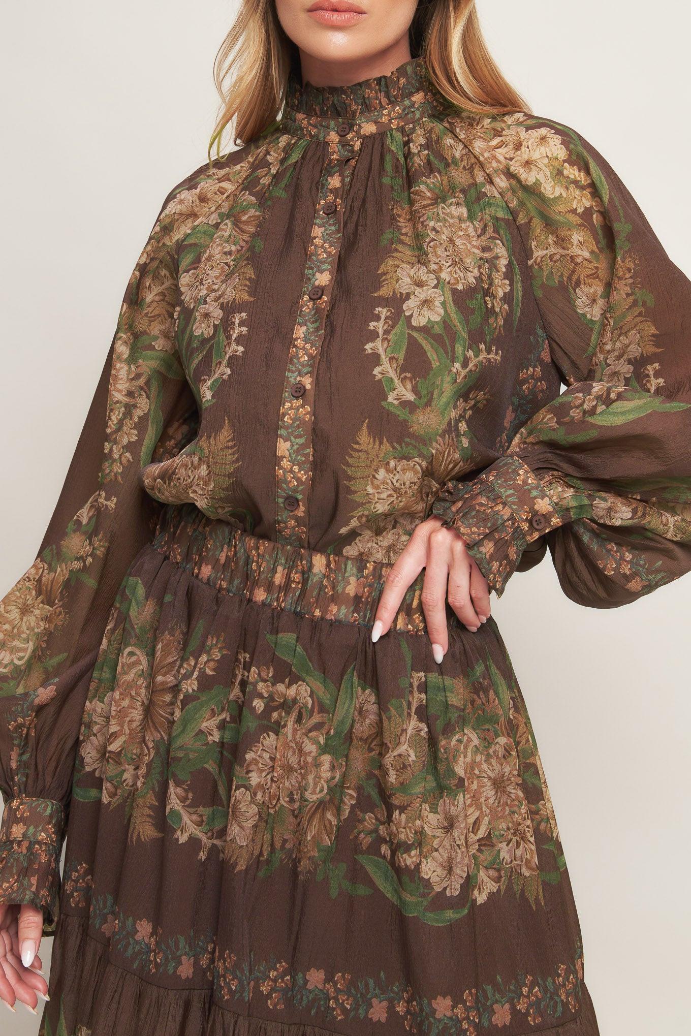 Floral Print Tiered Woven Maxi Skirt in Brown - Image 2