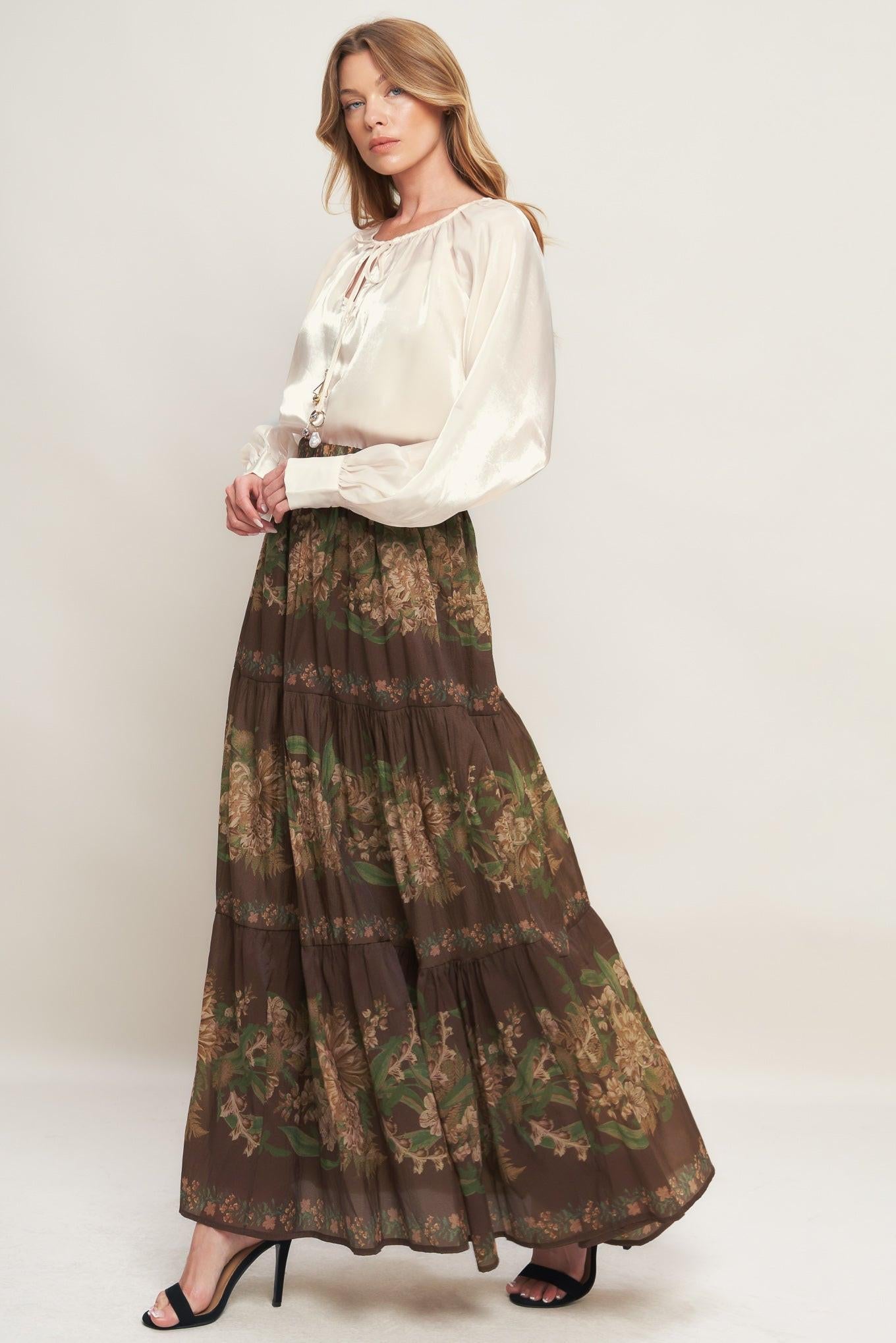 Floral Print Tiered Woven Maxi Skirt in Brown - Image 5