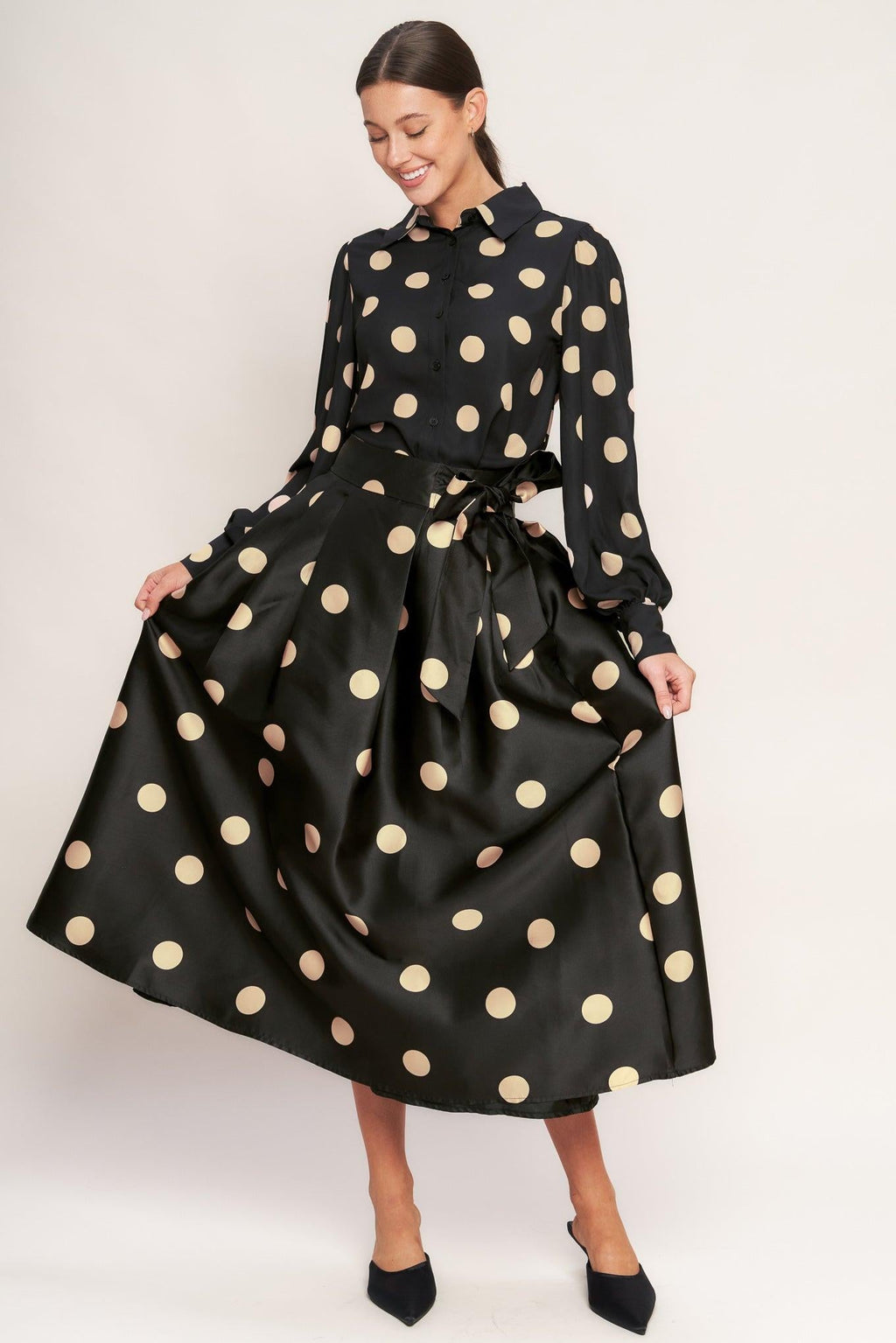 Black Polka Dot Woven Midi Skirt with Tie Waist - Image 2