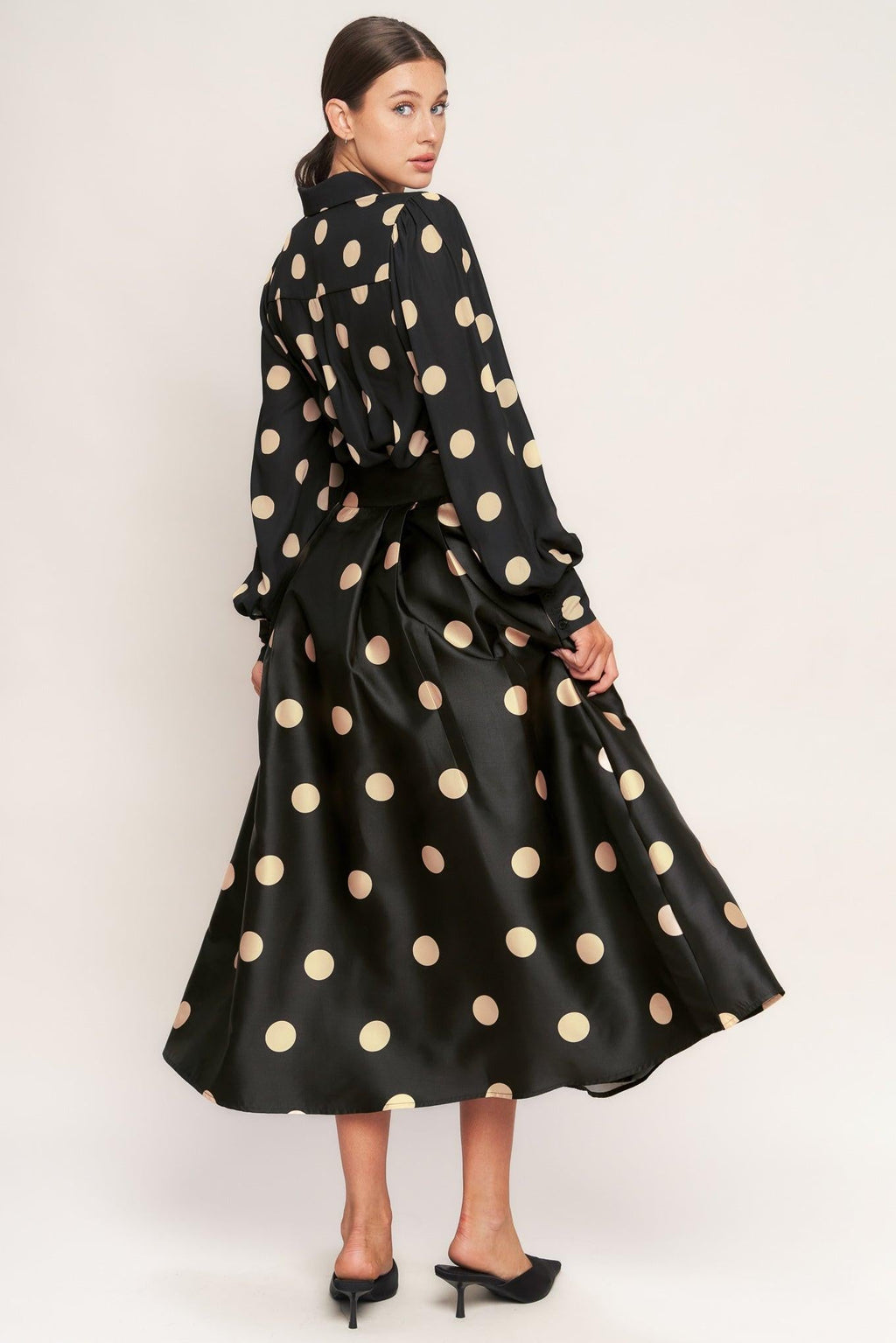 Black Polka Dot Woven Midi Skirt with Tie Waist - Image 4