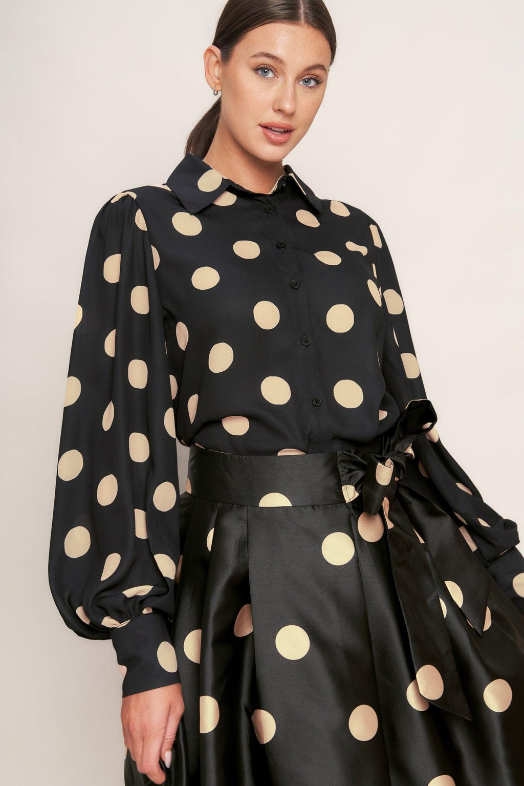 Black Polka Dot Woven Midi Skirt with Tie Waist - Image 3