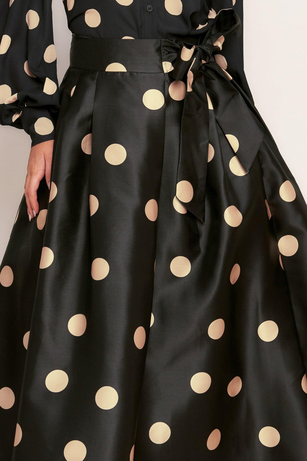 Black Polka Dot Woven Midi Skirt with Tie Waist - Image 5