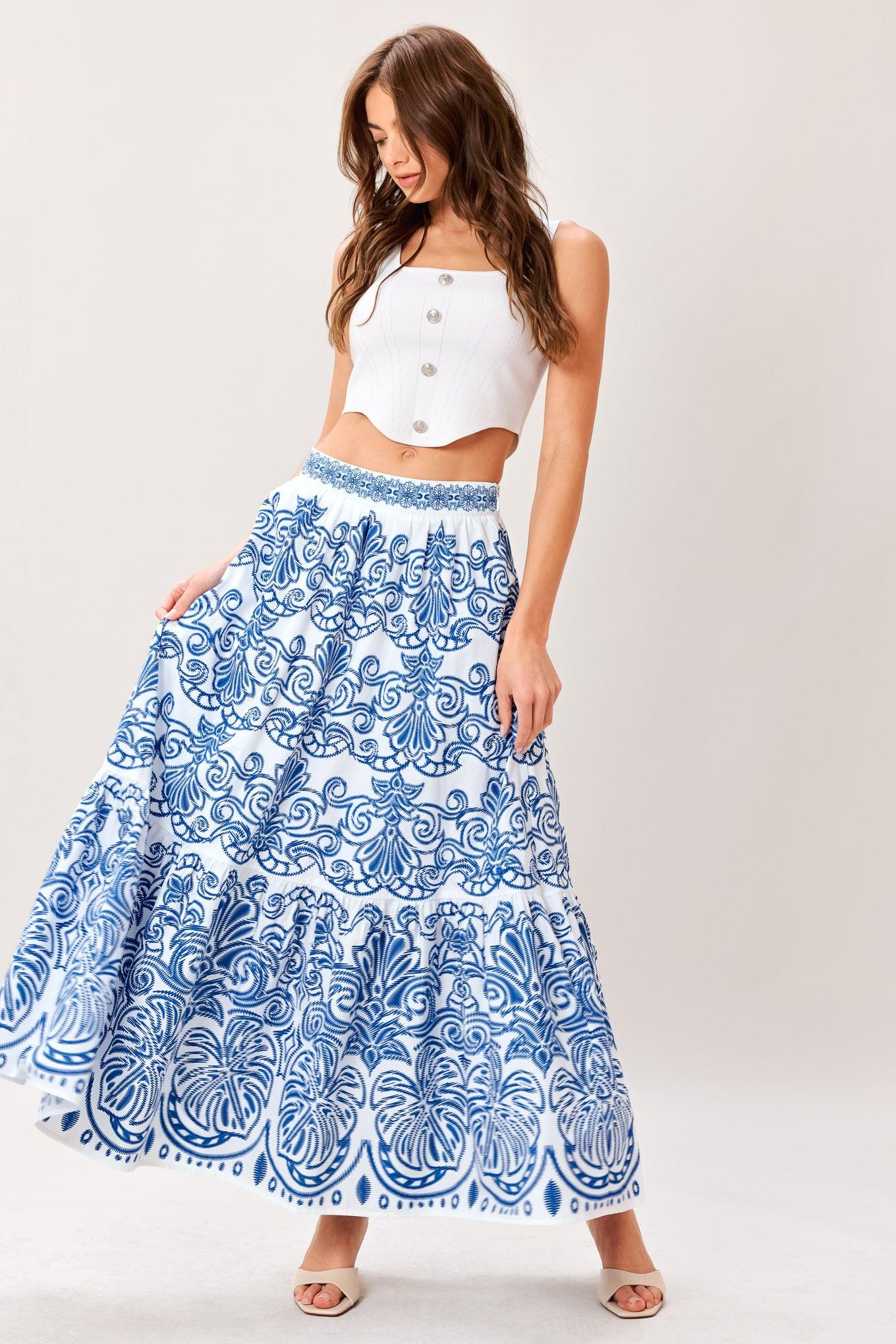 Blue and White Ornate Embroidered Cotton Midi Skirt