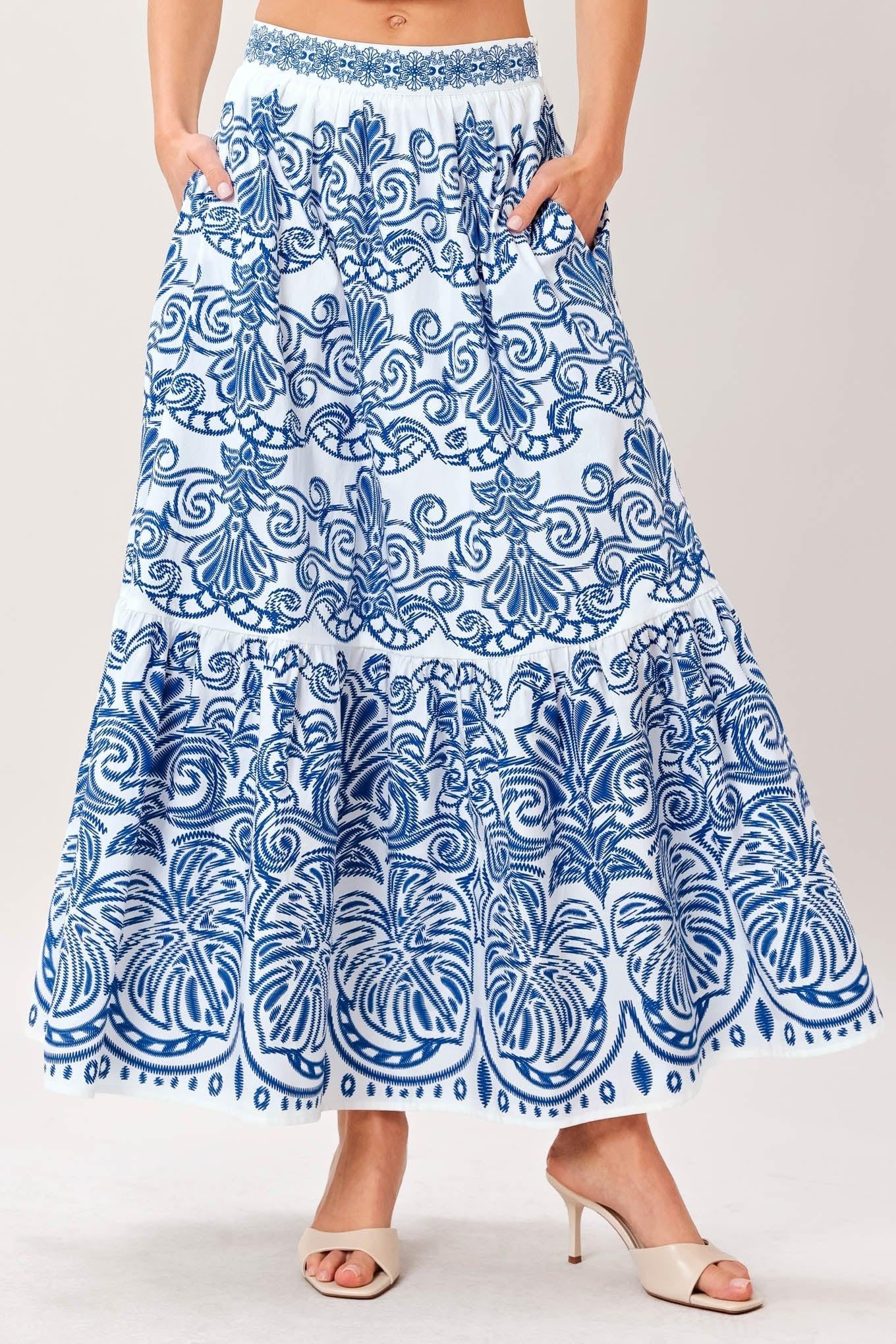 Blue and White Ornate Embroidered Cotton Midi Skirt