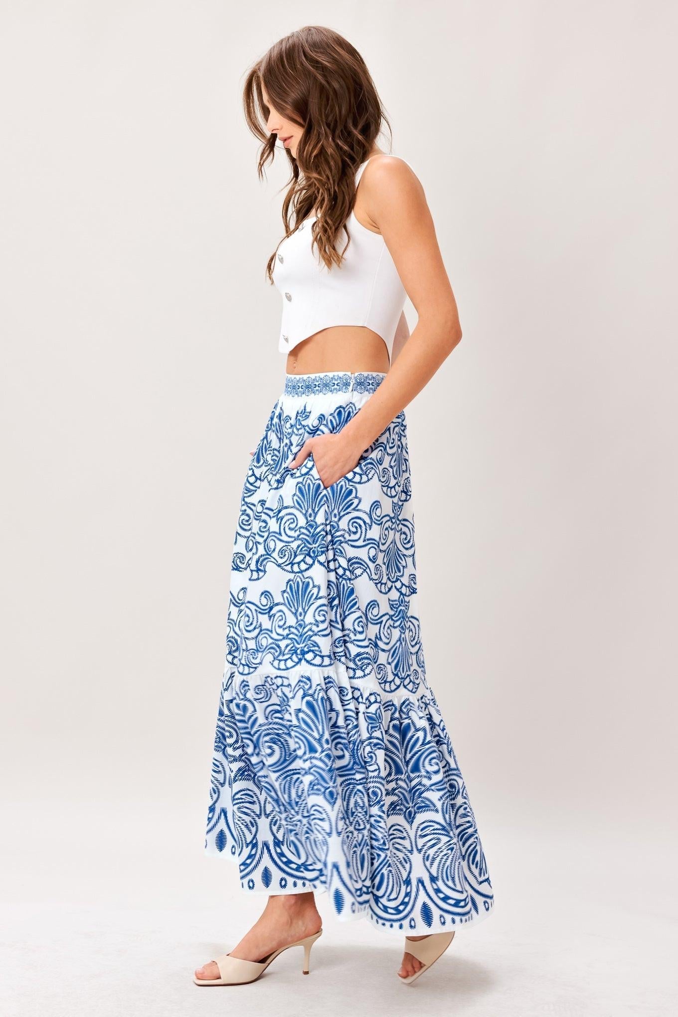 Blue and White Ornate Embroidered Cotton Midi Skirt