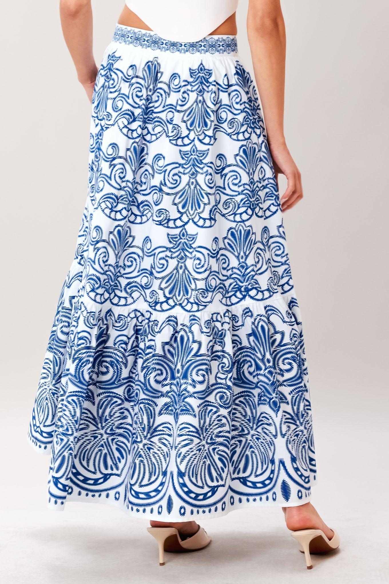 Blue and White Ornate Embroidered Cotton Midi Skirt